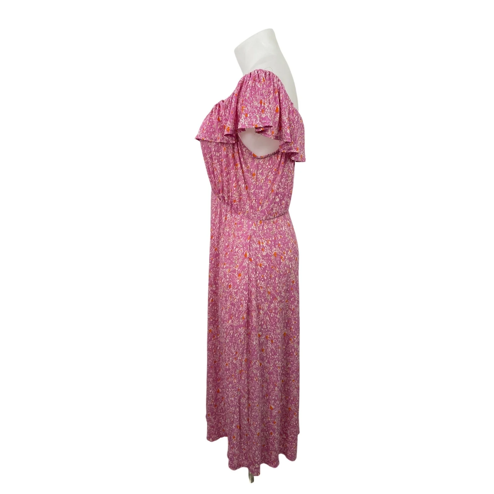 MNG Mango Pink Floral Off The Shoulder Ruffle Pleated A Line Maxi Dress Size 16 - Image 2