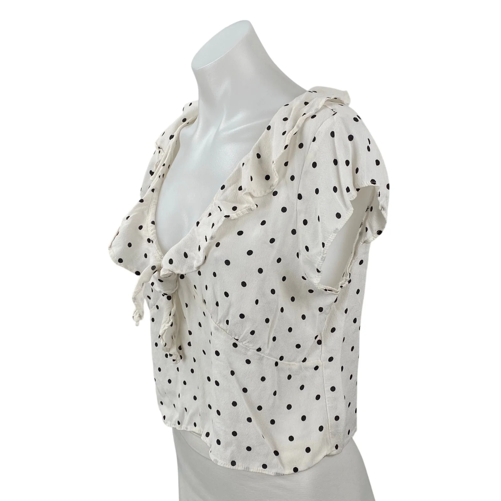 MNG Mango White Black Polka Dot Ruffle Short Sleeve Cropped Blouse Top Size 8 - Image 2