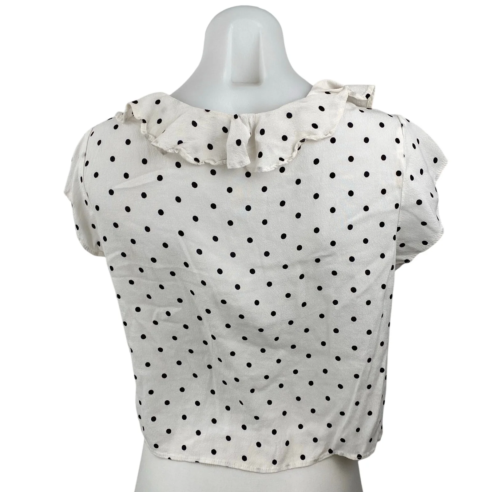 MNG Mango White Black Polka Dot Ruffle Short Sleeve Cropped Blouse Top Size 8 - Image 4