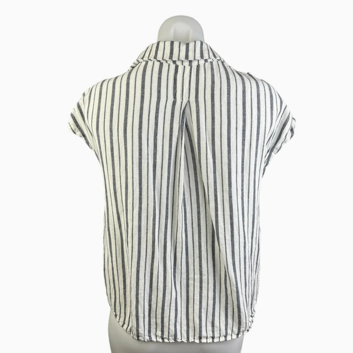 MNG Mango White Gray Linen Striped Cap Sleeve Button Down Shirt Blouse Top Sz 4 - Image 2