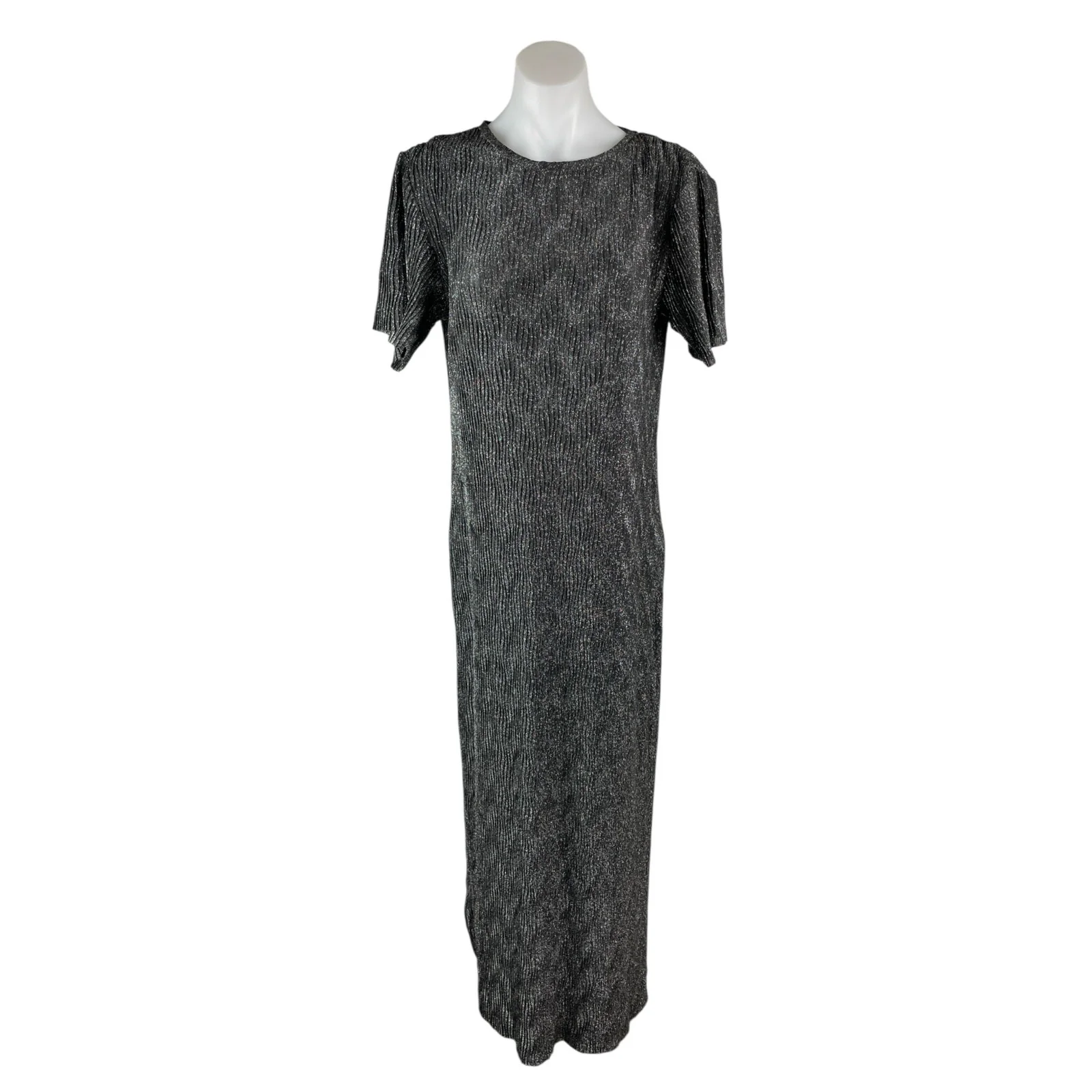 MNG Mango Womens Black Glitter Metallic Textured Short Sleeve Maxi Shift Dress 4
