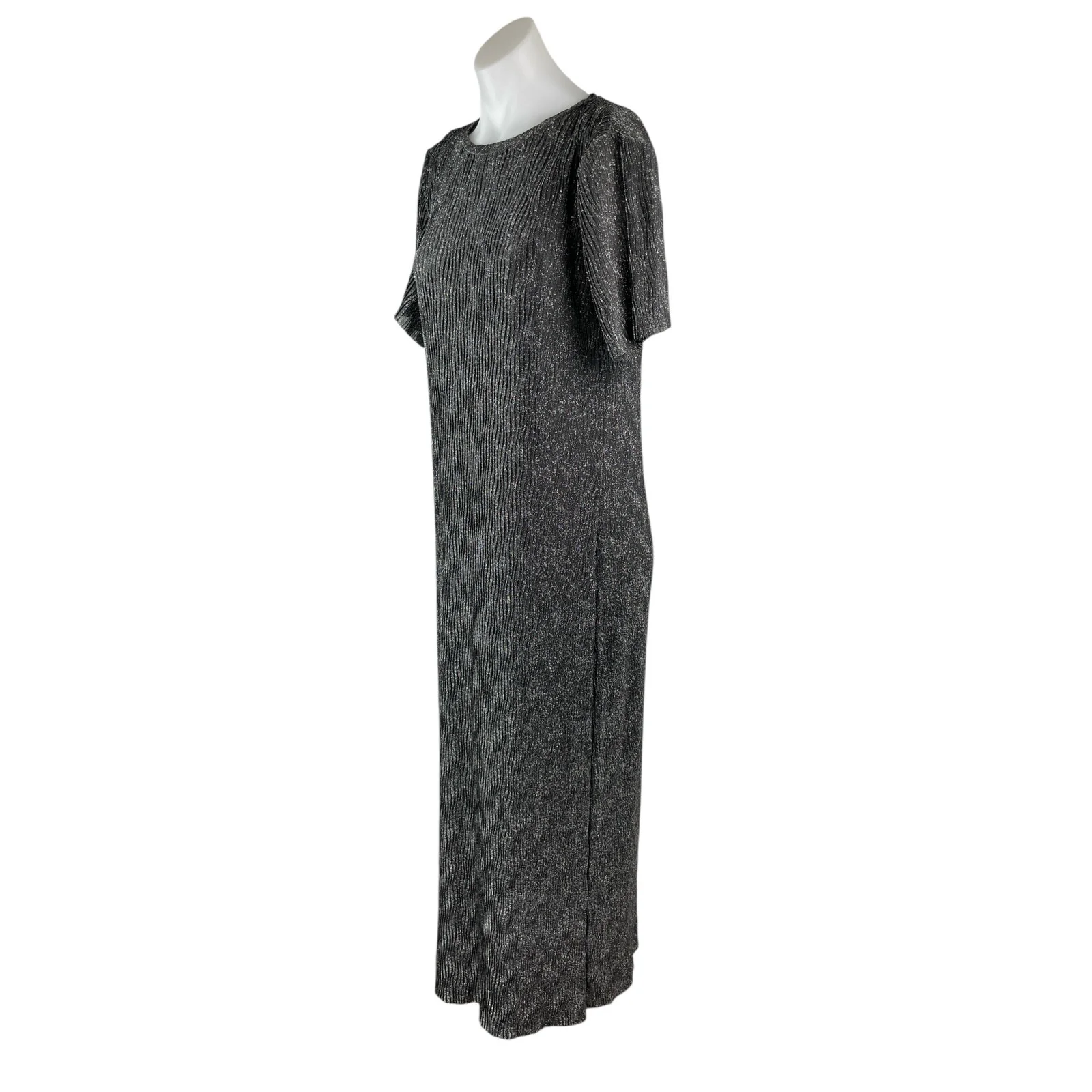 MNG Mango Womens Black Glitter Metallic Textured Short Sleeve Maxi Shift Dress 4 - Image 2