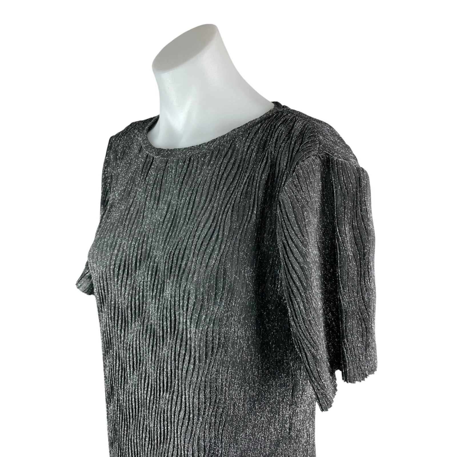 MNG Mango Womens Black Glitter Metallic Textured Short Sleeve Maxi Shift Dress 4 - Image 3