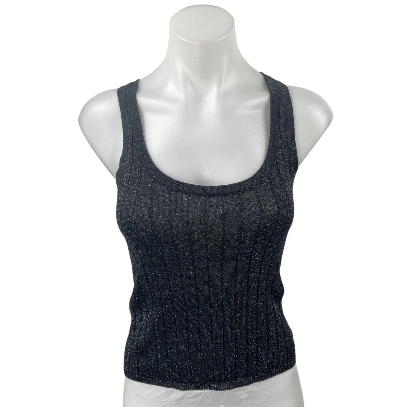 MNG Mango Womens Black Metallic Glitter Sleeveless Rib Knit Crop Tank Top Size M
