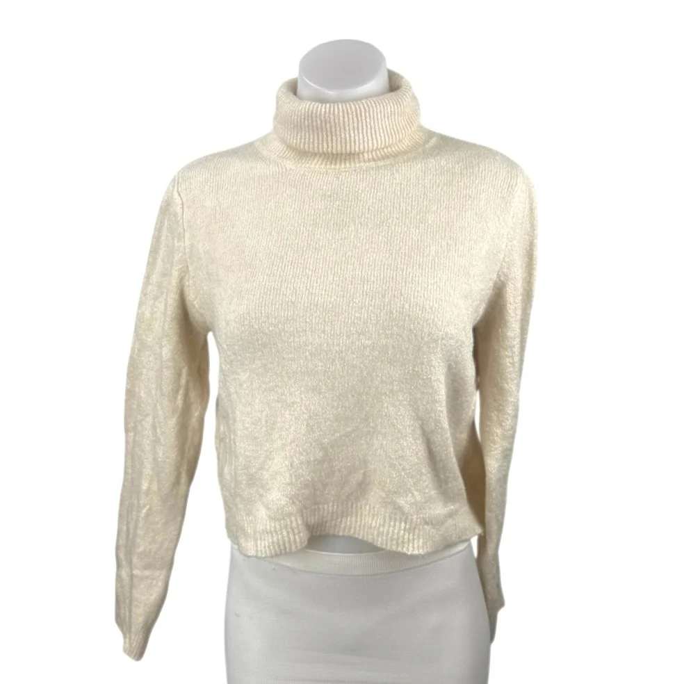 MNG Mango Women's Cream Turtleneck Long Sleeve Knit Crop Sweater Top Size M
