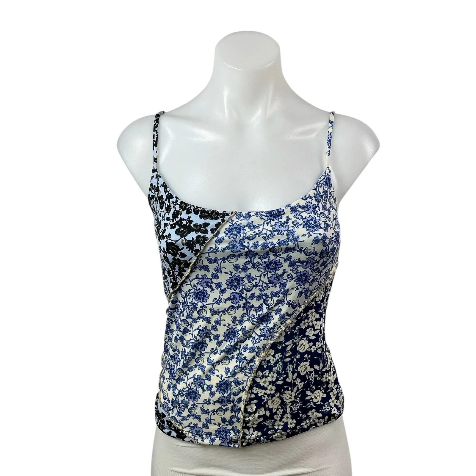 MNG Mango Womens Floral Blue Sleeveless Patchwork Cami Camisole Tank Top Size S