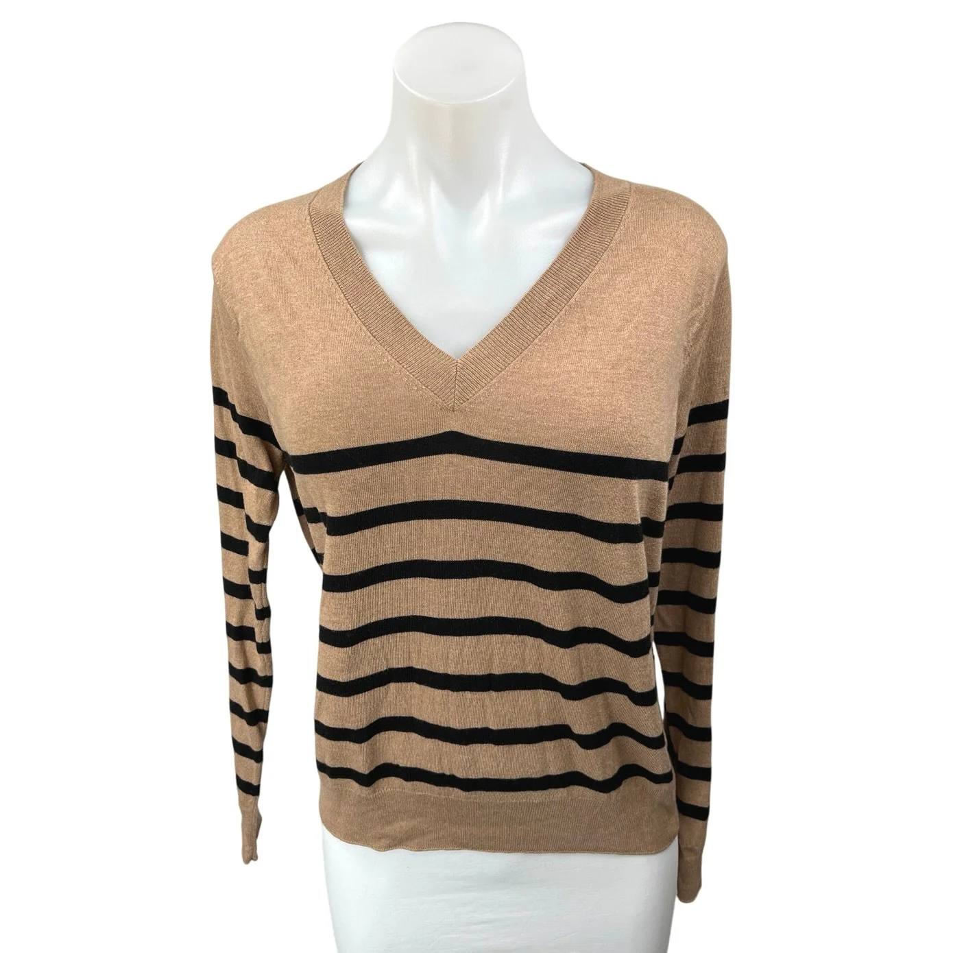 MNG Women's Brown Black Knit Striped V Neck Long Sleeve Sweater Top Size L