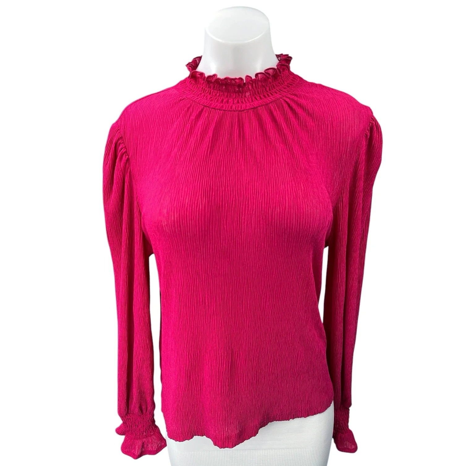 MNG Women's Pink Ruffle High Neck Puff Long Sleeve Pullover Blouse Top Size M