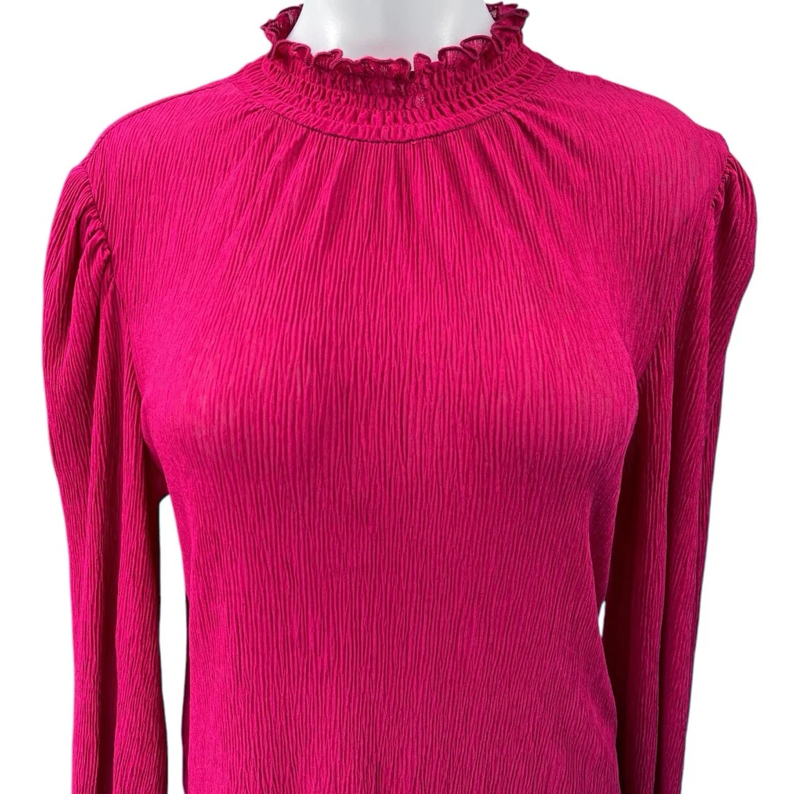 MNG Women's Pink Ruffle High Neck Puff Long Sleeve Pullover Blouse Top Size M - Image 3