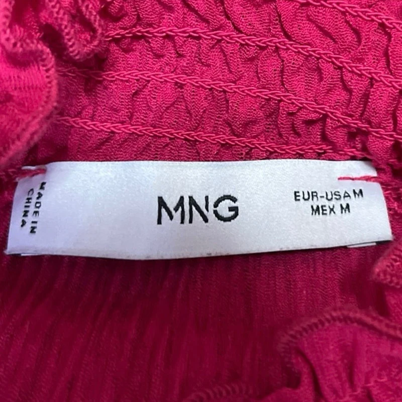 MNG Women's Pink Ruffle High Neck Puff Long Sleeve Pullover Blouse Top Size M - Image 4