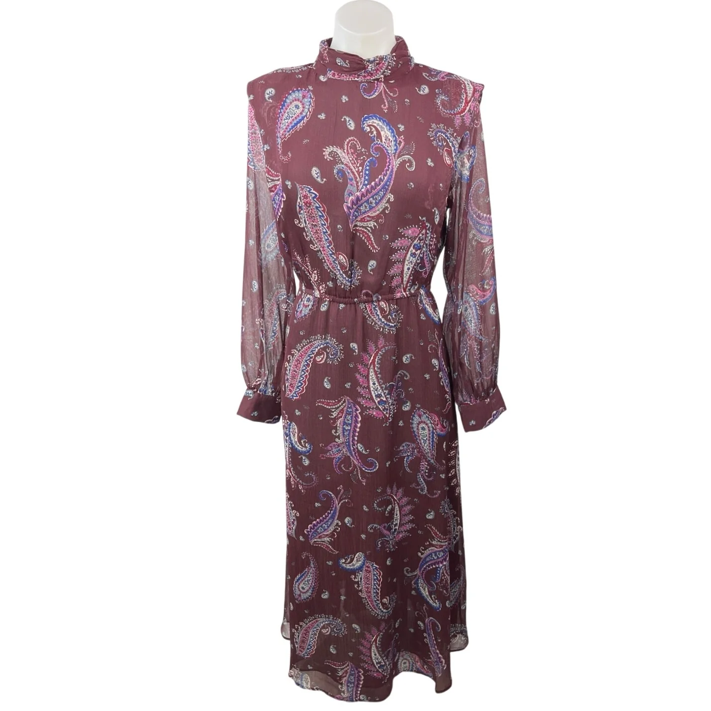 MNG Women's Red Maroon Paisley Long Sleeve Mockneck Cocktail Maxi Dress Size 6