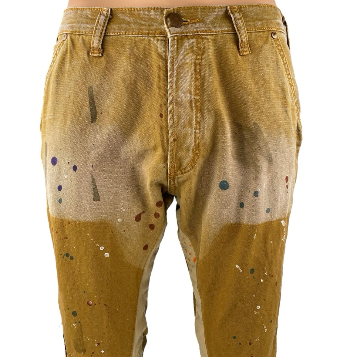 MNML Men's Brown Paint Splatter Bootcut Flared Chino Khaki Trousers Pants Sz 30 - Image 4