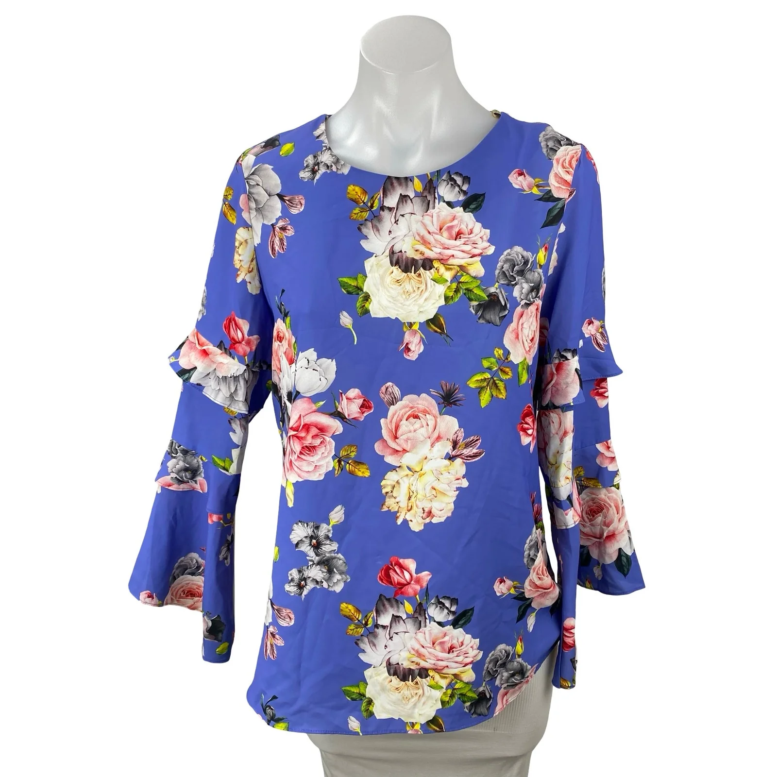 Modalinda Women's Blue Floral Long Tiered Bell Sleeve Shirt Blouse Top Size 8