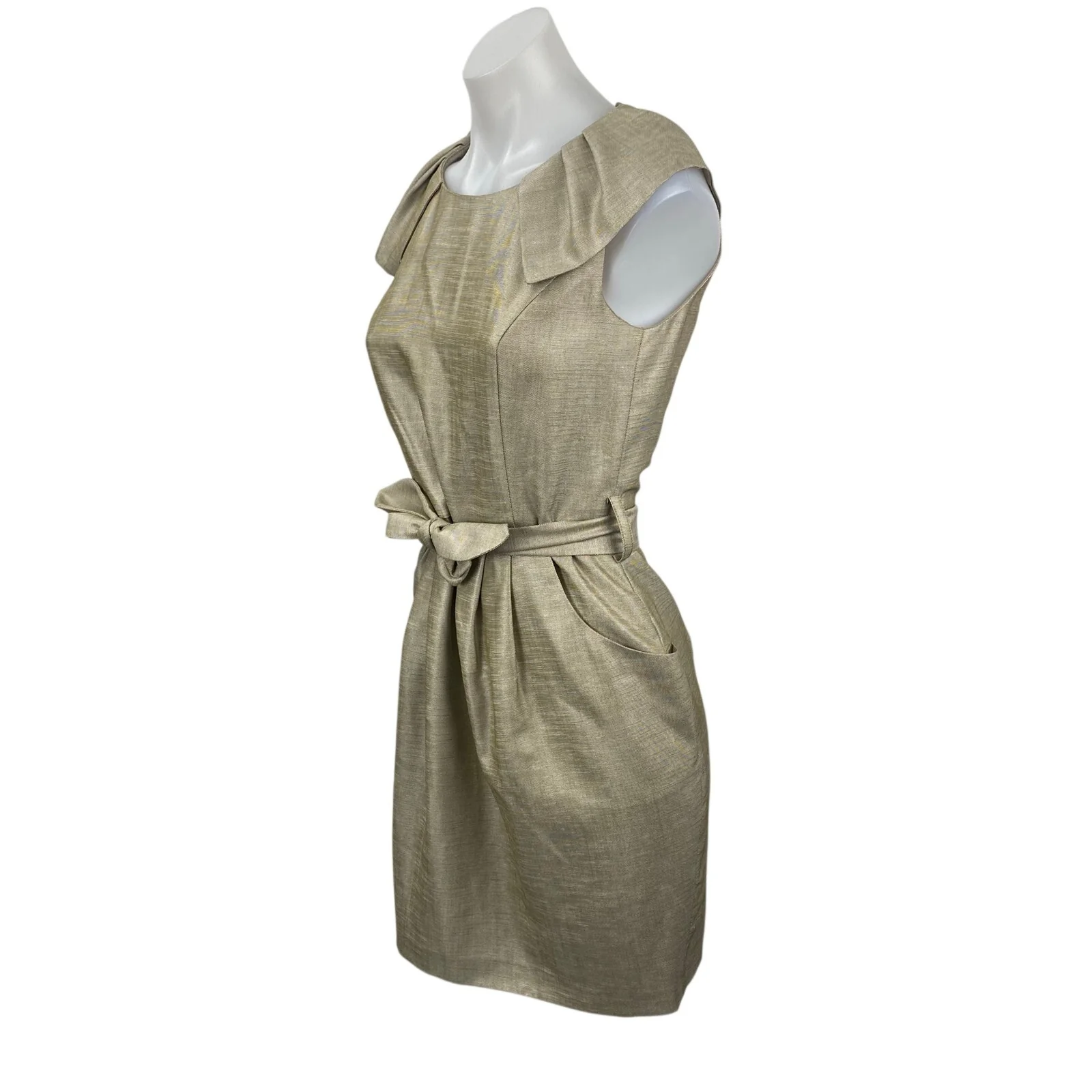 Mojo. S. Phine Women's Gold Ruffle Pleated Belted Midi Sheath A-Line Dress Sz S - Image 3