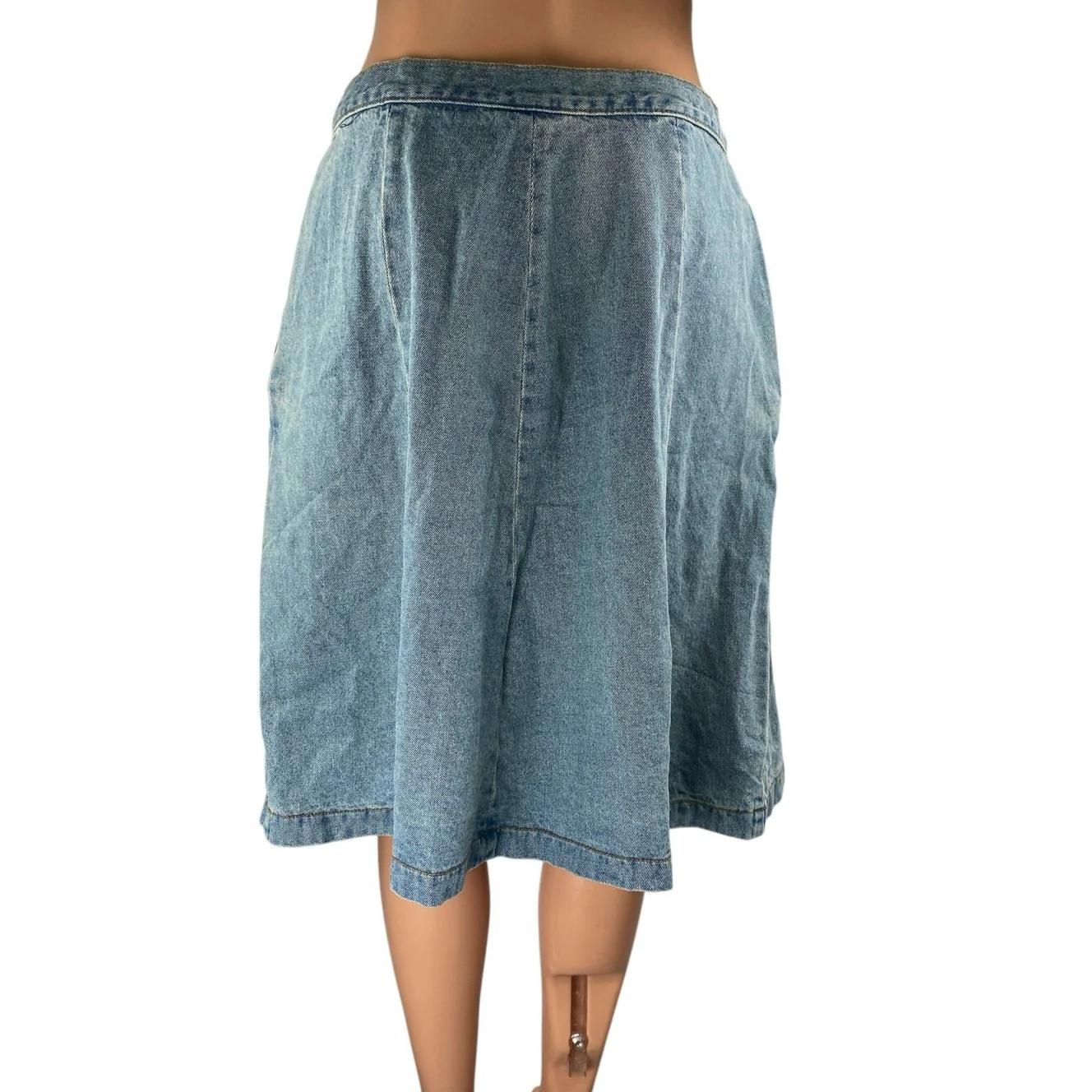 Molly Green Blue Button Fly Pockets Midi Flared A-Line Denim Jeans Skirt Size M - Image 3