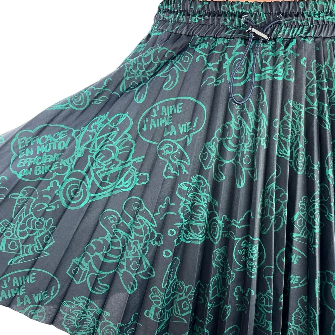 Moncler Green Black Pleated Graphic High Waisted Drawcord A Line Mini Dress M - Image 4