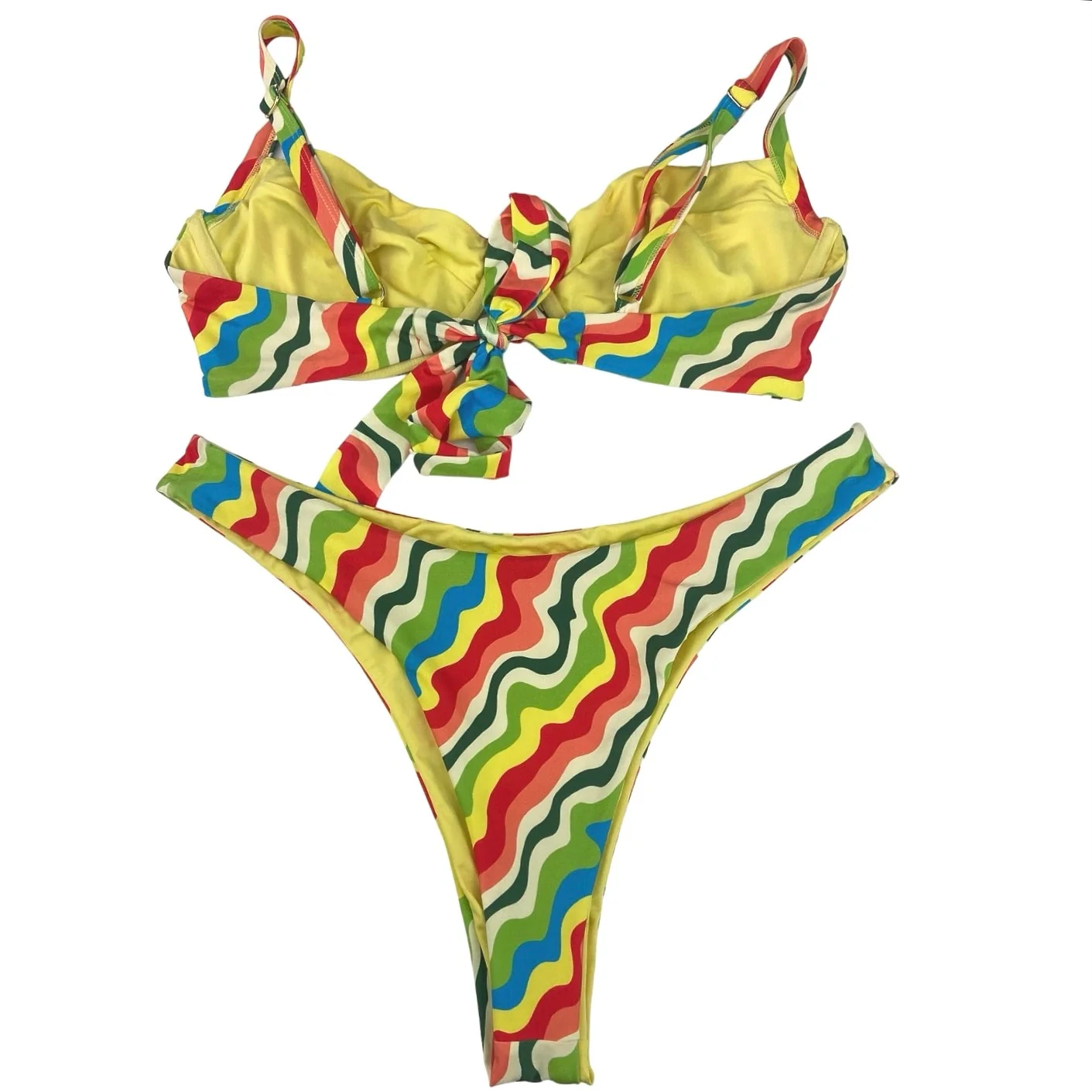 Monday Swimwear Multicolor Wave Retro Front Tie Two Piece Bikini Set Size L - Image 2