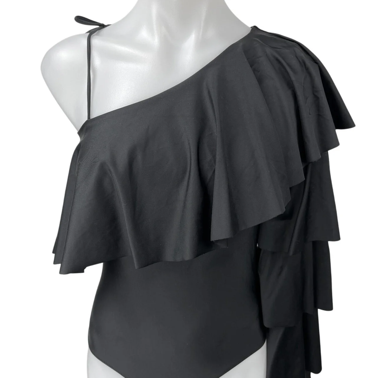 Monki Womens Black One Shoulder Ruffle Long Sleeve Bodysuit Blouse Top Size 1 - Image 3