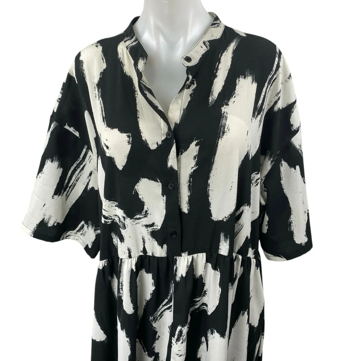 MONKL Black White Short Sleeve Abstract Button Front Maxi Shirt Dress Size XL - Image 3