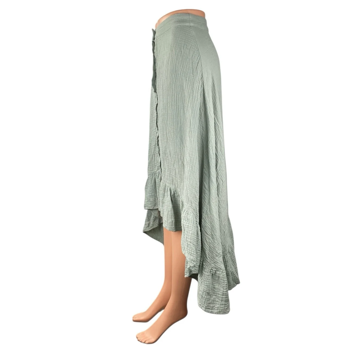 Monn Women's Green High Waisted Ruffle Button Front High Low Midi Skirt Size XS - Image 2