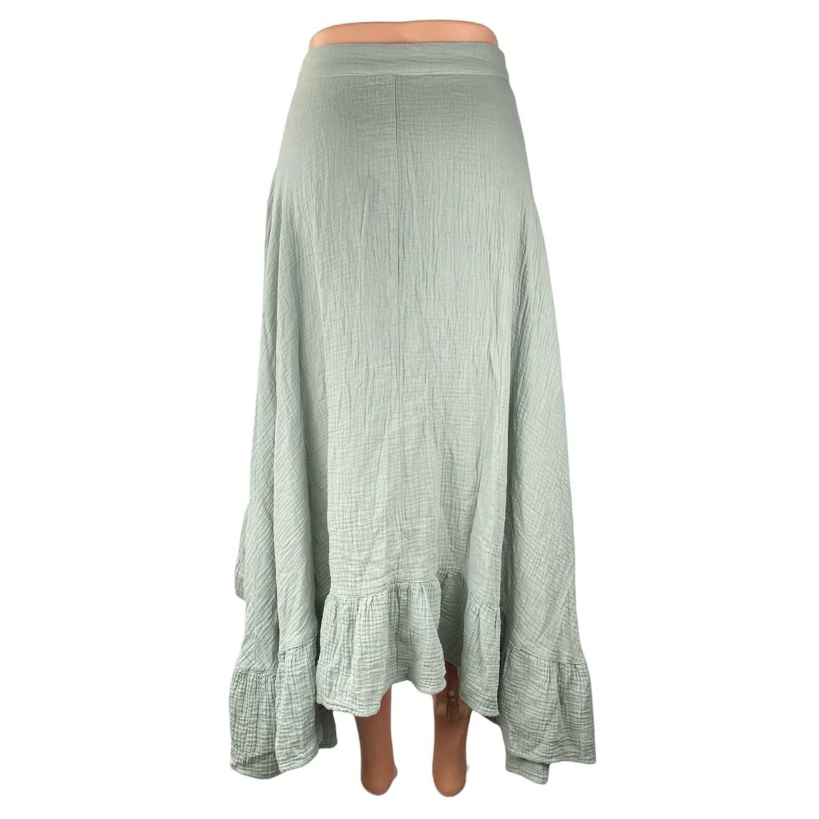 Monn Women's Green High Waisted Ruffle Button Front High Low Midi Skirt Size XS - Image 3