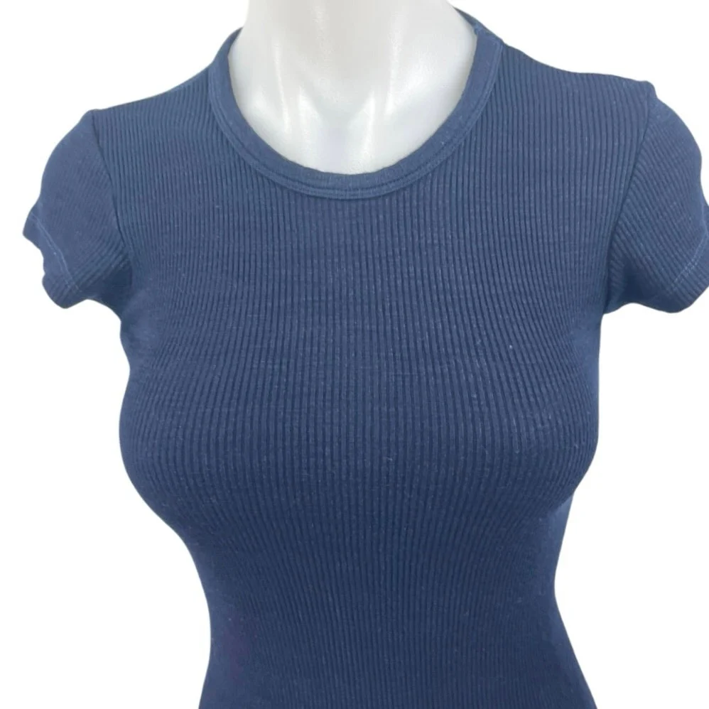 Monrow Blue Rib Knit Short Sleeve Slit Knee Length Bodycon Sweater Dress Size S - Image 3