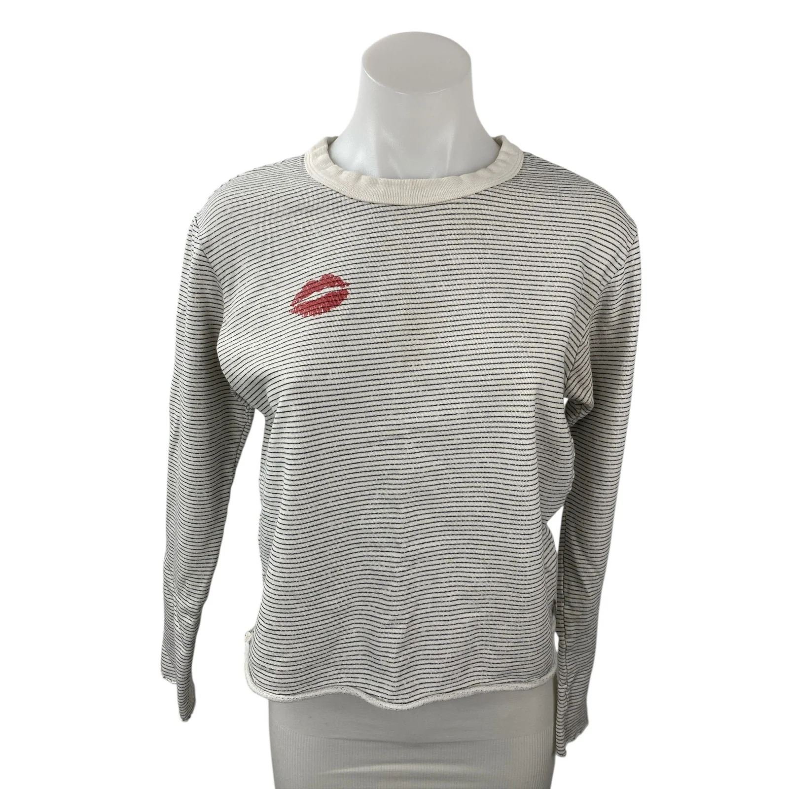 Monrow Women's Gray Kiss Mark Long Sleeve Crew Striped T Shirt Tee Top Size S