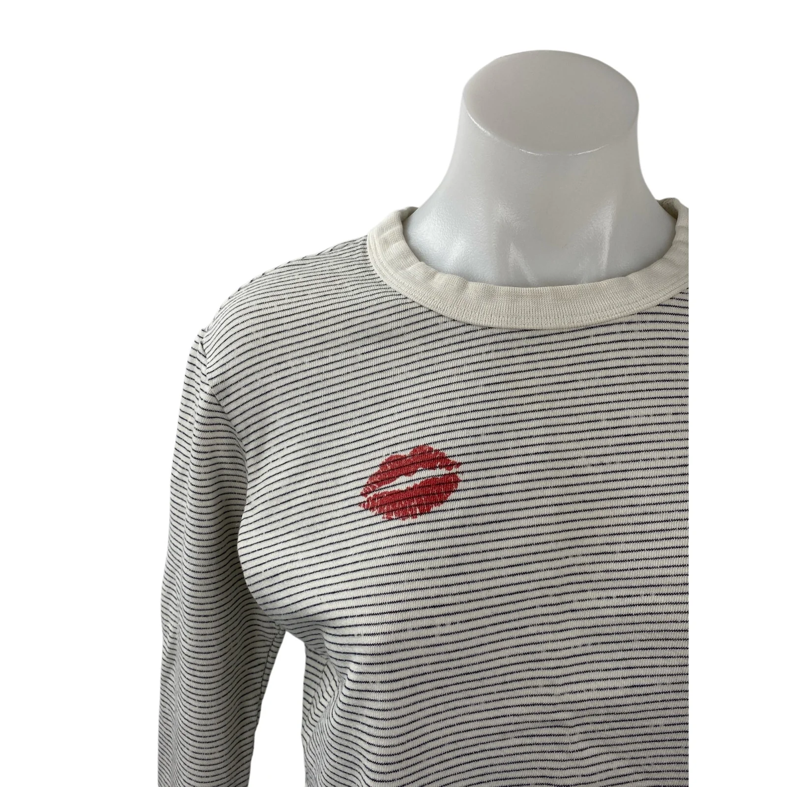 Monrow Women's Gray Kiss Mark Long Sleeve Crew Striped T Shirt Tee Top Size S - Image 2