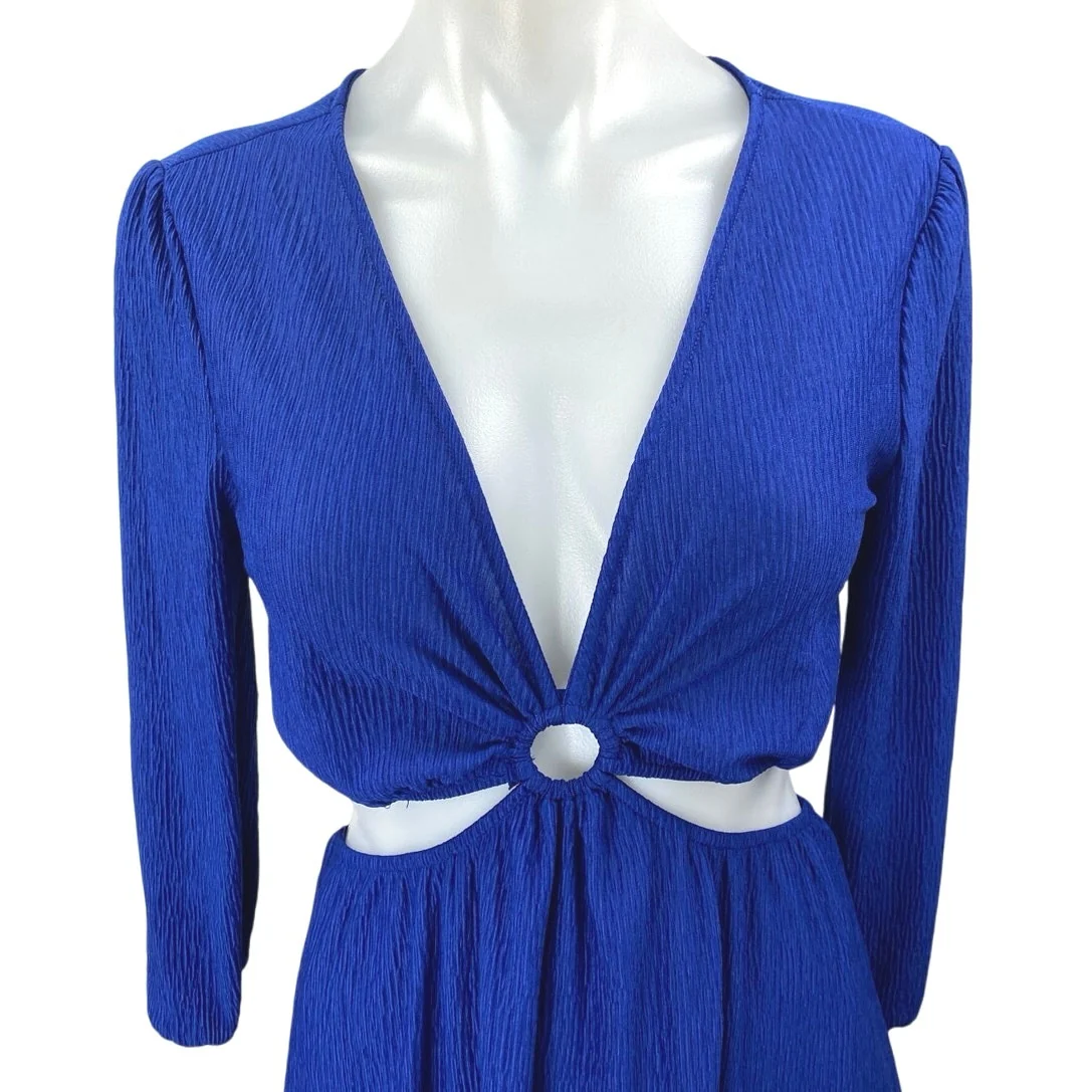 Monteau Blue Half Sleeve Cutout Deep V Neck Pleated A Line Mini Dress Size M - Image 3