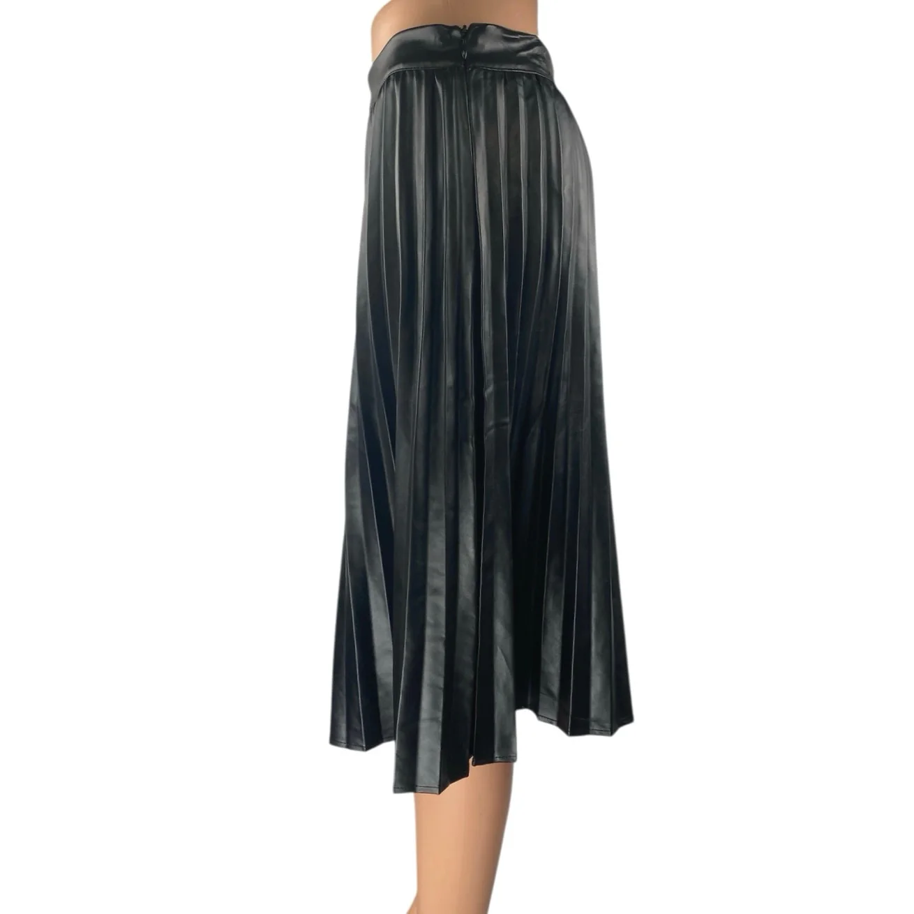 Monteau LA Black Faux Leather Vegan Pleated High Waist A Line Midi Skirt Size M - Image 2