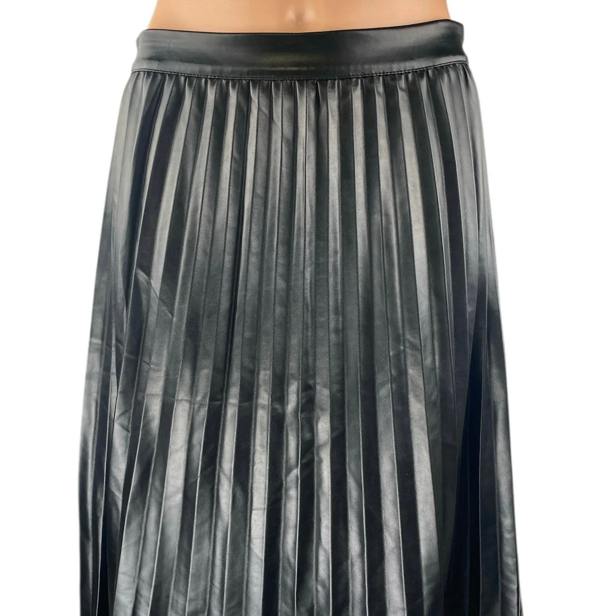 Monteau LA Black Faux Leather Vegan Pleated High Waist A Line Midi Skirt Size M - Image 4