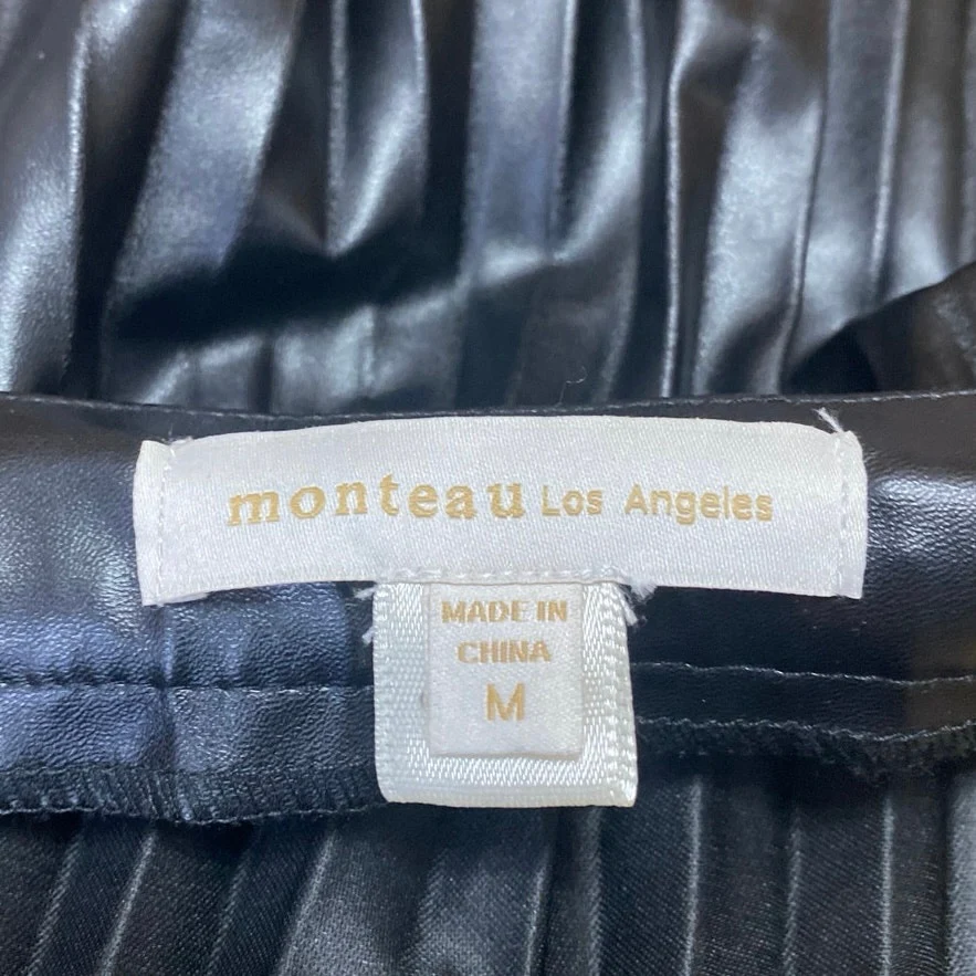 Monteau LA Black Faux Leather Vegan Pleated High Waist A Line Midi Skirt Size M - Image 5