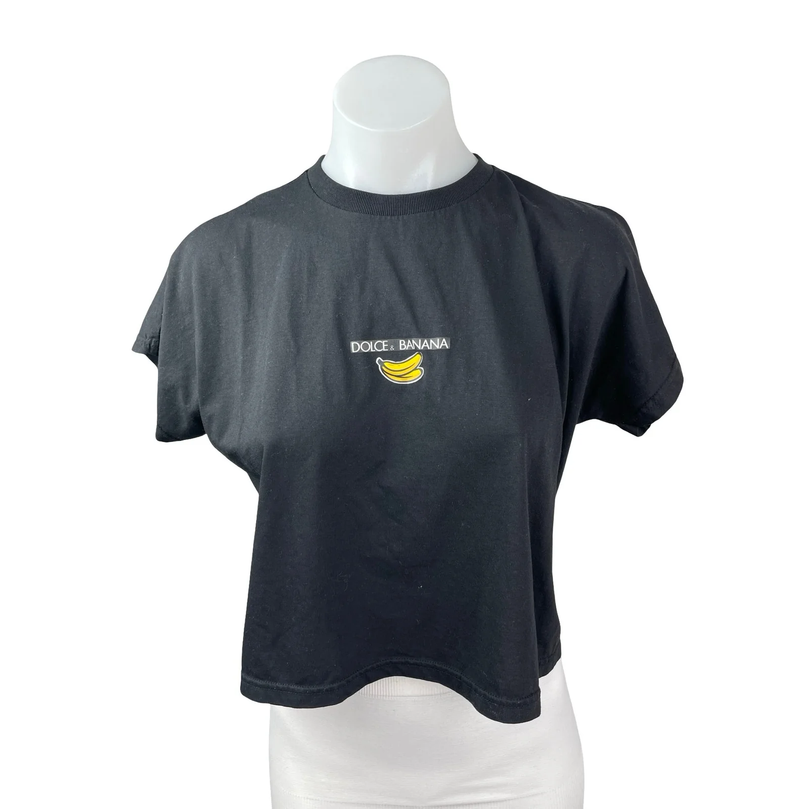 #Mood Dolce & Banana Black Graphic Short Sleeve Crew Neck Crop T Shirt Tee Top 2