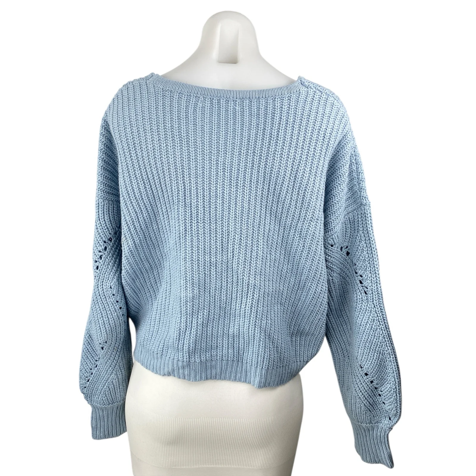 Moon & Madison Women's Blue Eyelet V-neck Long Balloon Sleeve Knit Sweater Top M - Image 2