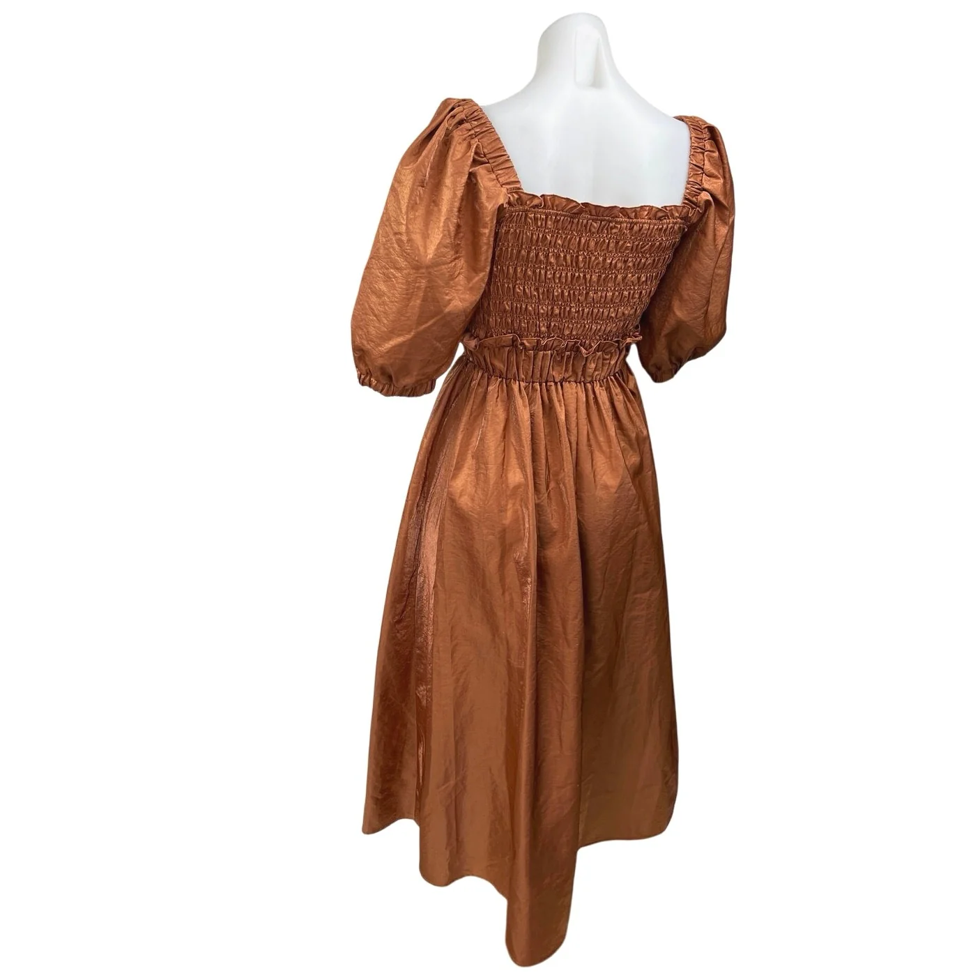 Moon River Brown Silk Satin Short Puff Sleeve Smocked Midi A-Line Dress Size XS - Image 2