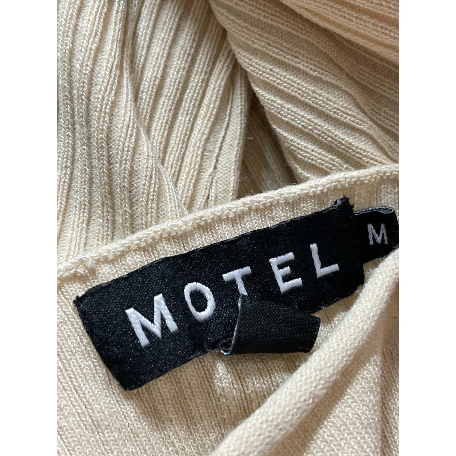 Motel Women's Beige Tie Bustier Ribbed KNit Long Sleeve Blouse Crop Top Size M - Image 5