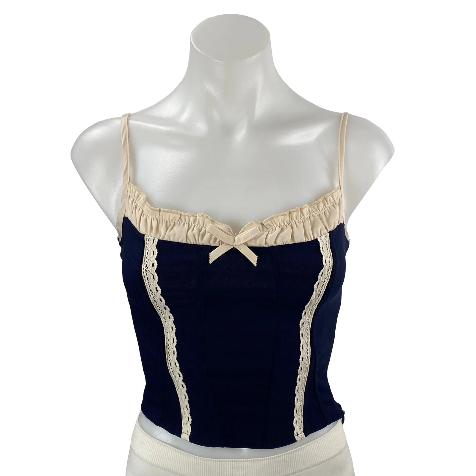 Motel Women's Navy Blue Lace Bow Corset Bustier Sleeveless Cami Crop Top Size XS