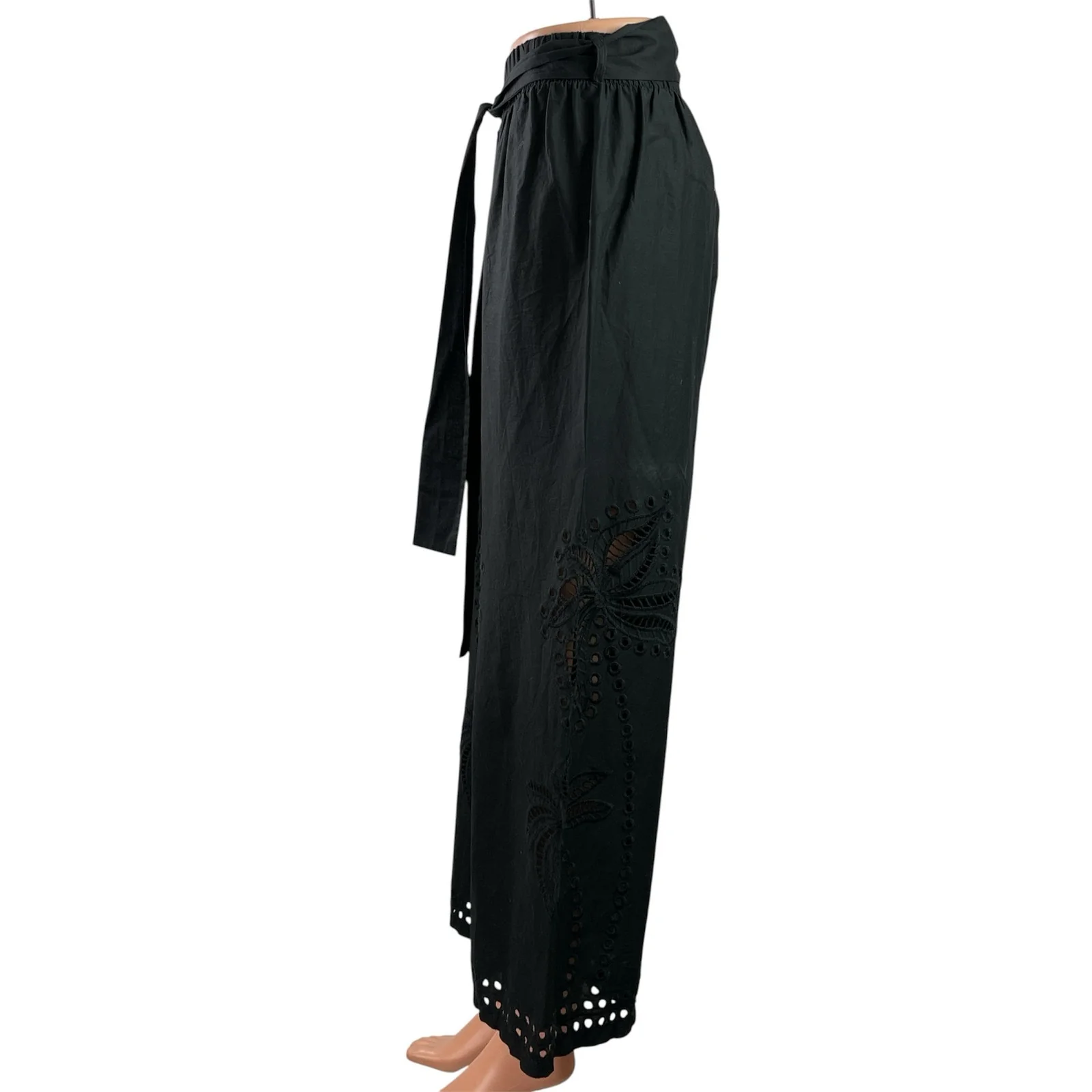 Moutaki Black Eyelet Embroidered Belted High Waist Wide Leg Trousers Pants Sz S - Image 2
