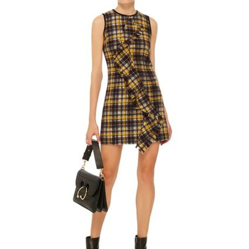 MSGM Black Yellow Plaid Tartan Wool Ruffle Sleeveless  Mini Sheath Dress Sz 8 - Image 3