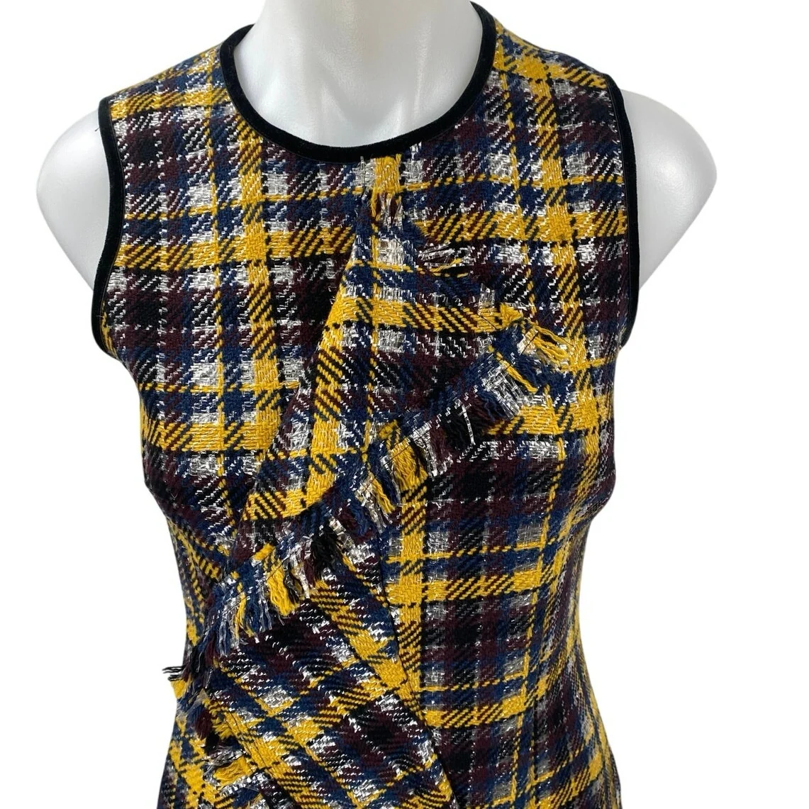 MSGM Black Yellow Plaid Tartan Wool Ruffle Sleeveless  Mini Sheath Dress Sz 8 - Image 4