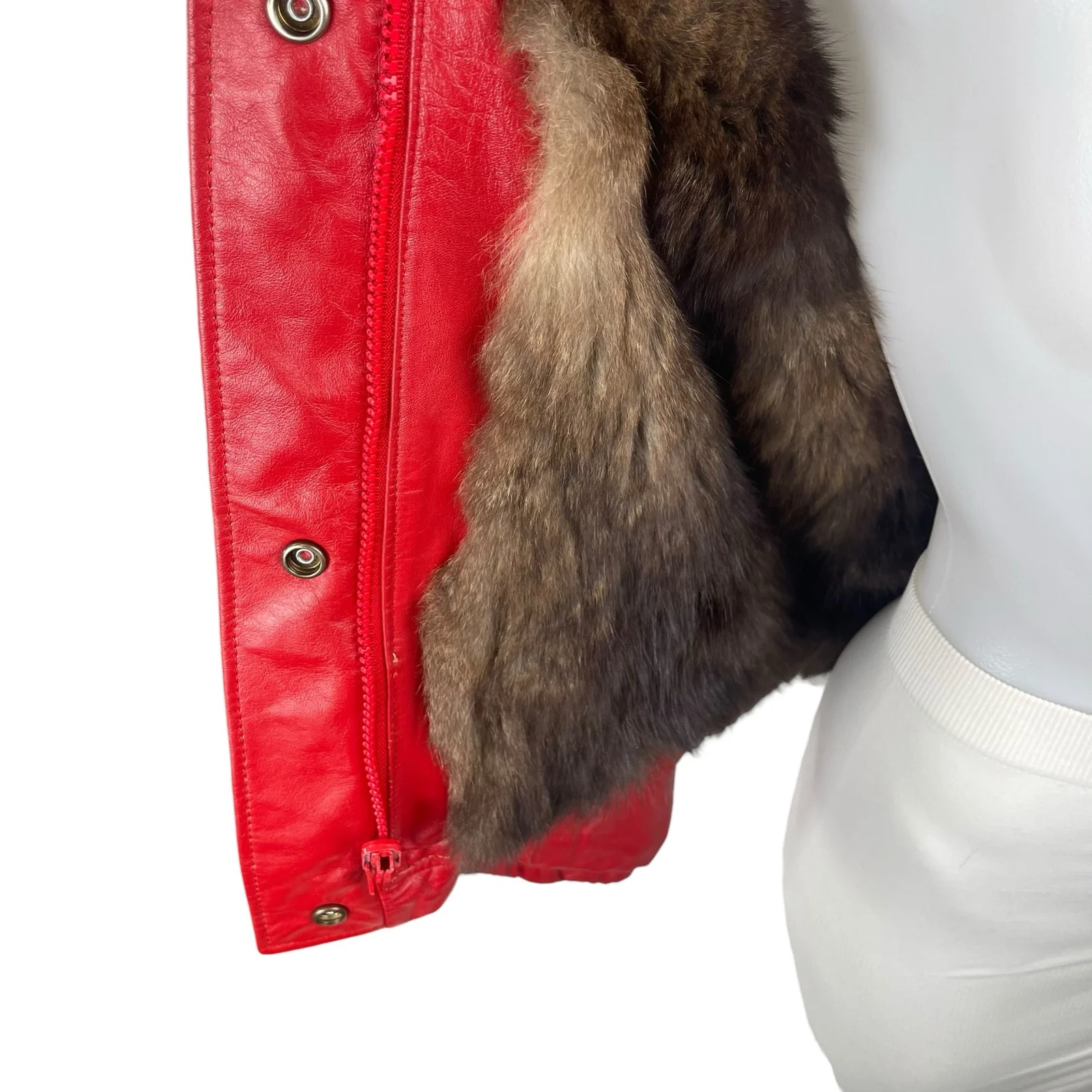 Red Reversible Vintage Genuine Leather Real Authentic Fur Bomber Coat Jacket L - Image 4