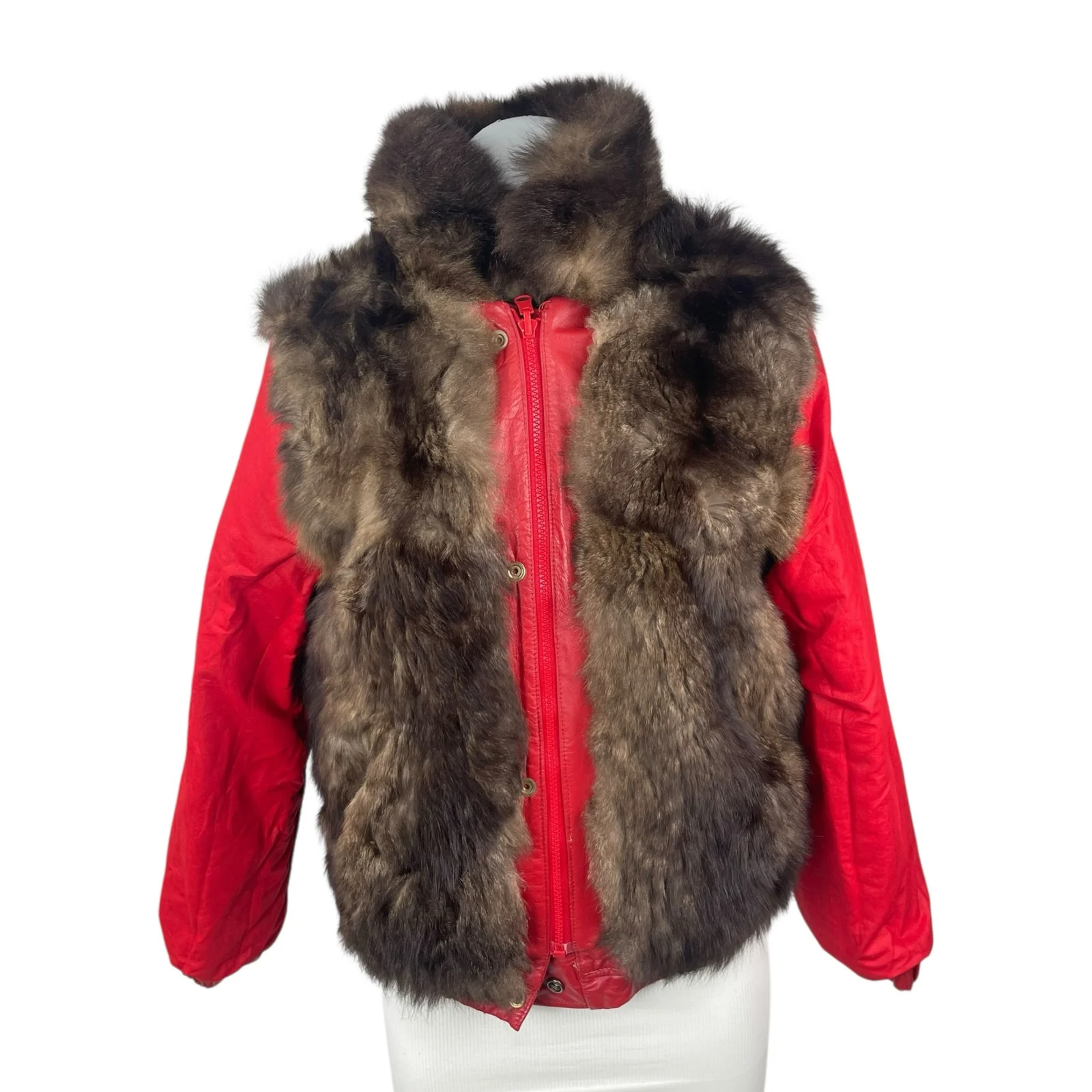 Red Reversible Vintage Genuine Leather Real Authentic Fur Bomber Coat Jacket L - Image 5