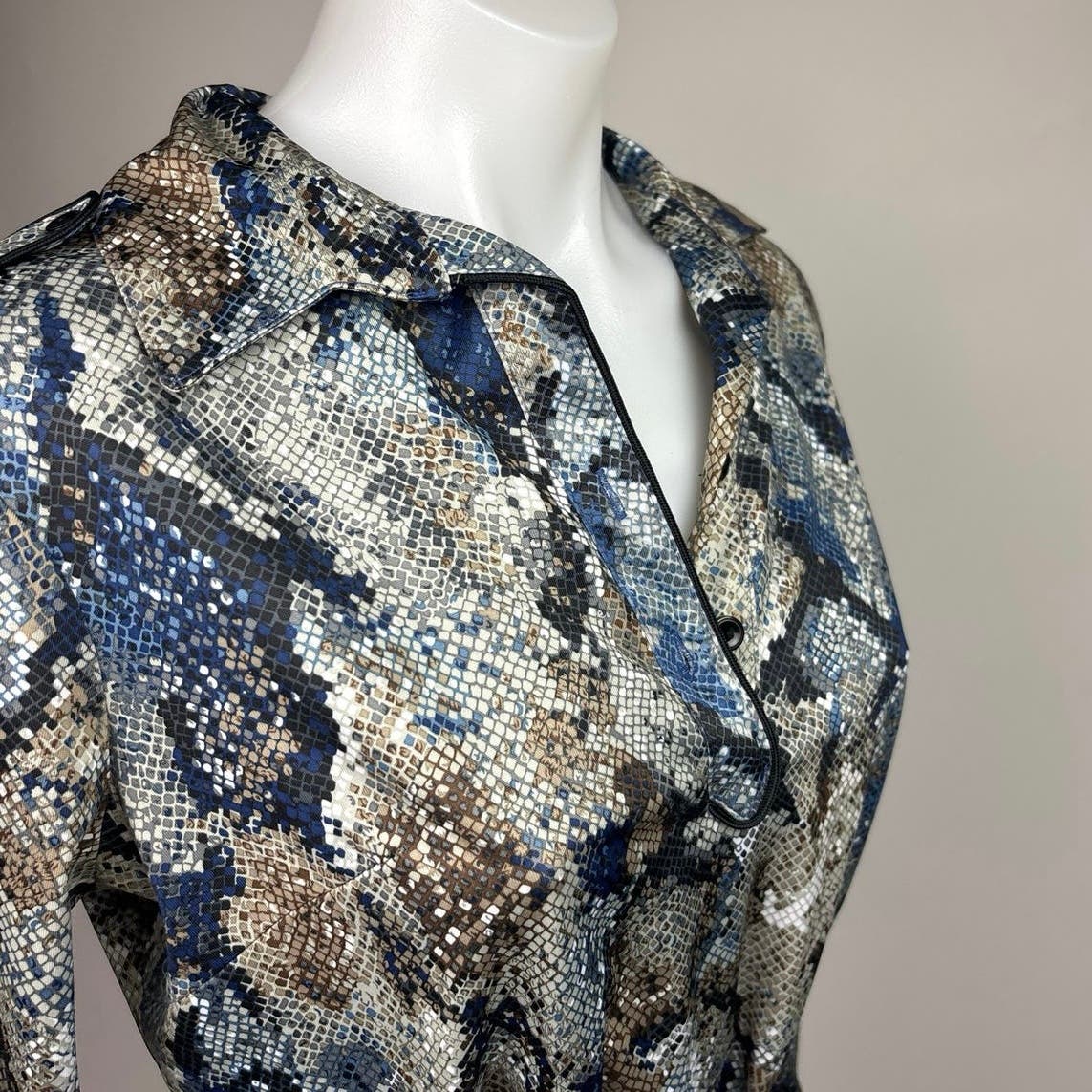 Multicolor Snake Skin Animal Print Long Sleeve Tie Waist Midi Shirt Dress Size S - Image 4