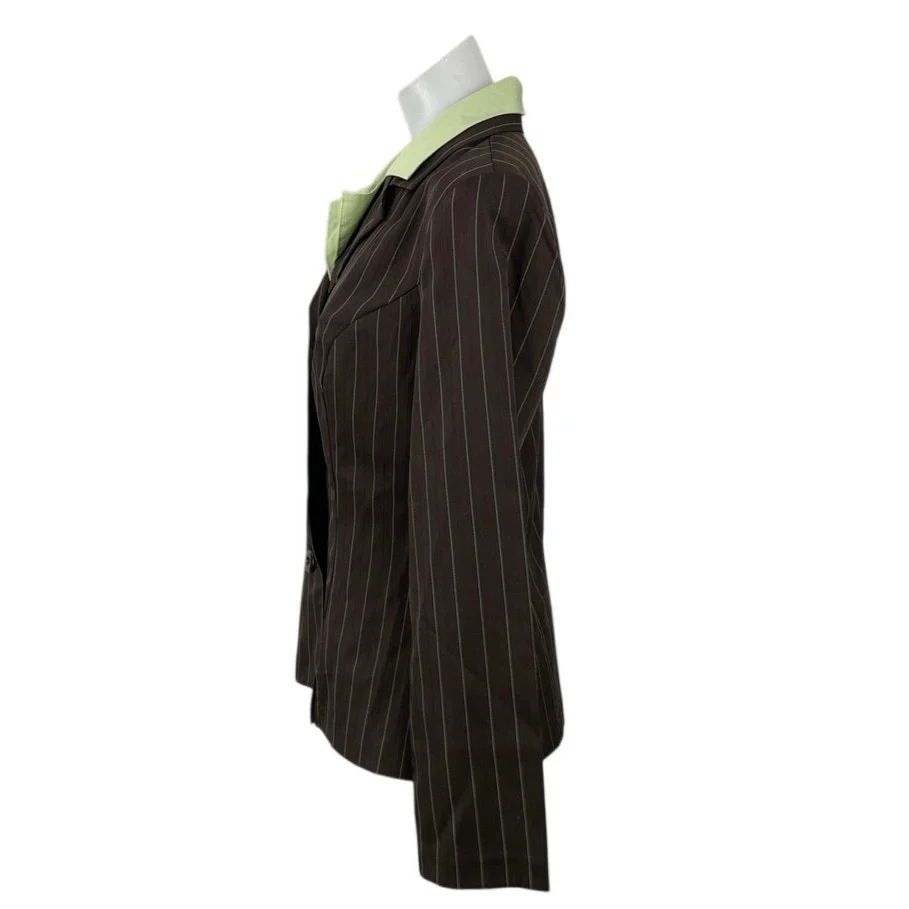 My Michelle Dark Brown Pinstriped Long Sleeve Button Up Blazer Coat Jacket 8 - Image 3