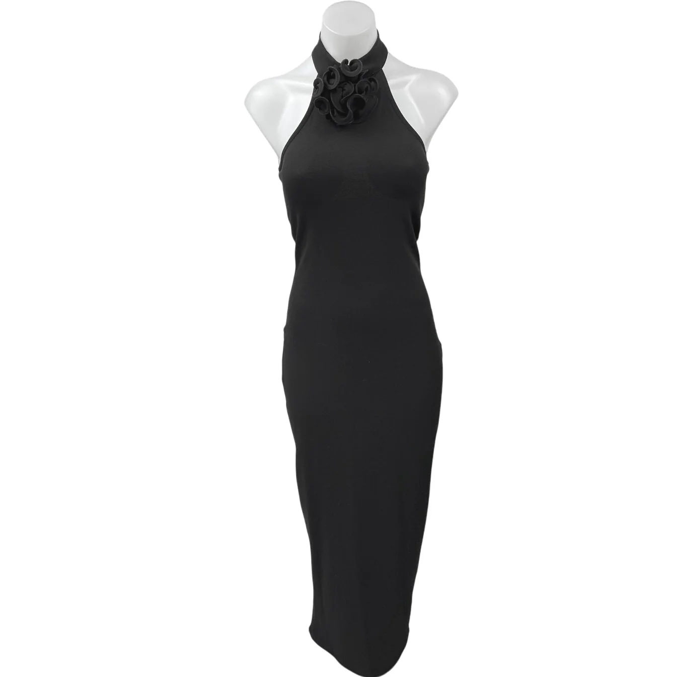 NA-KD Black Sleeveless Rose Halter High Neck Slit Midi Maxi Bodycon Dress XS