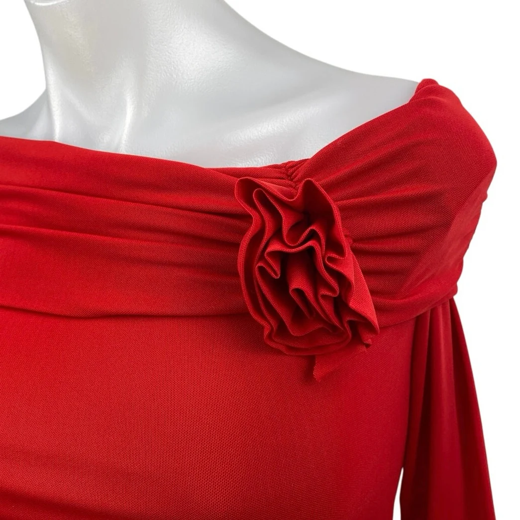 NA-KD Women' Red Off Shoulder 3/4 Sleeve Flower Bow Crop Blouse Top Size XS - Image 3