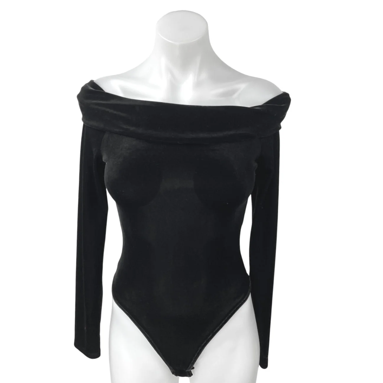 Naked Wardrobe Black Velvet Velour Off Shoulder Long Sleeve Bodysuit Top Size S