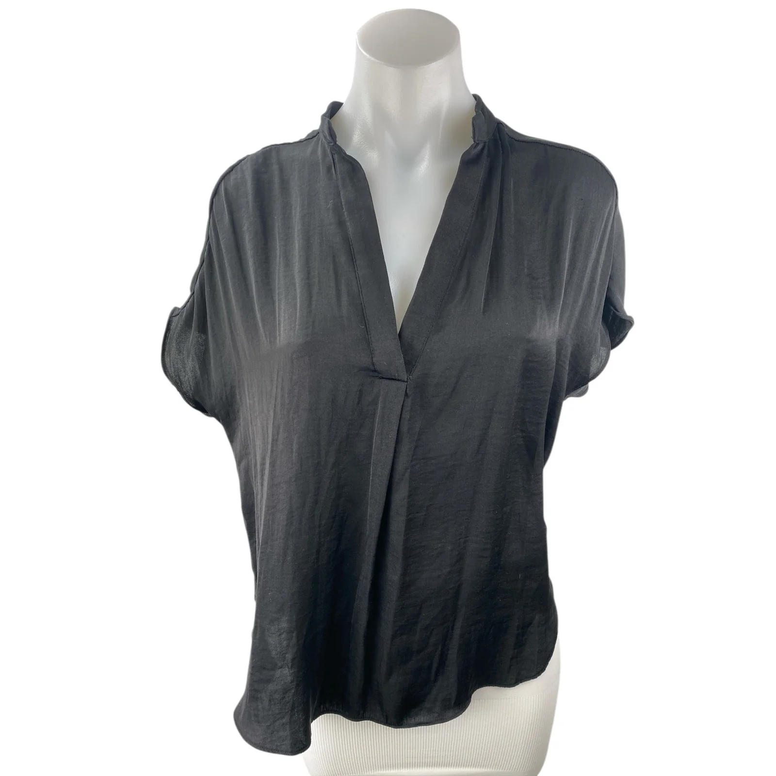 Naked Zebra Womens Black Short Cap Sleeve Pleated V Neck Shirt Blouse Top Size S