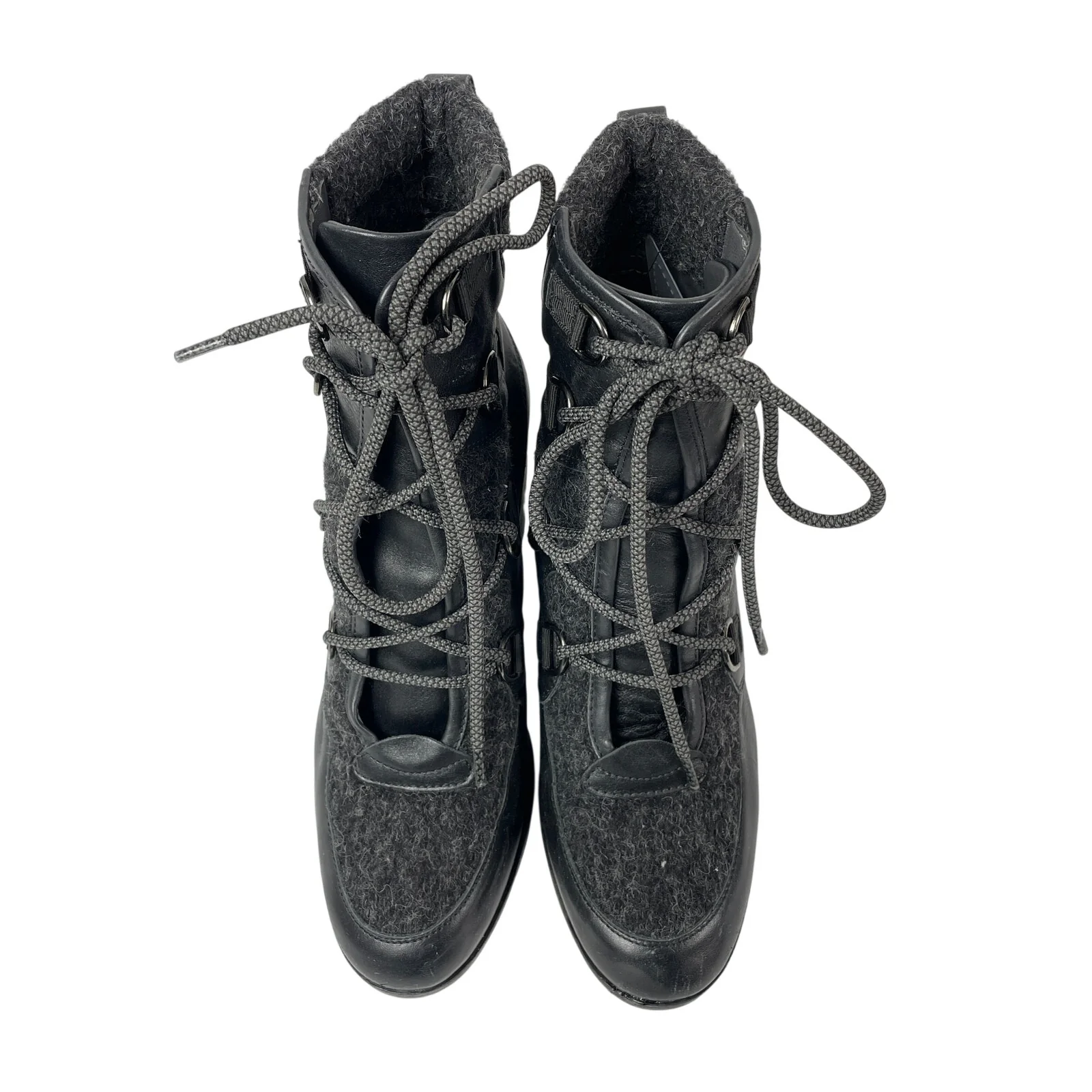 Napoleoni Black Leather Wool Lace Up Round Toe Block Heel Ankle Combat Boots 7 - Image 2