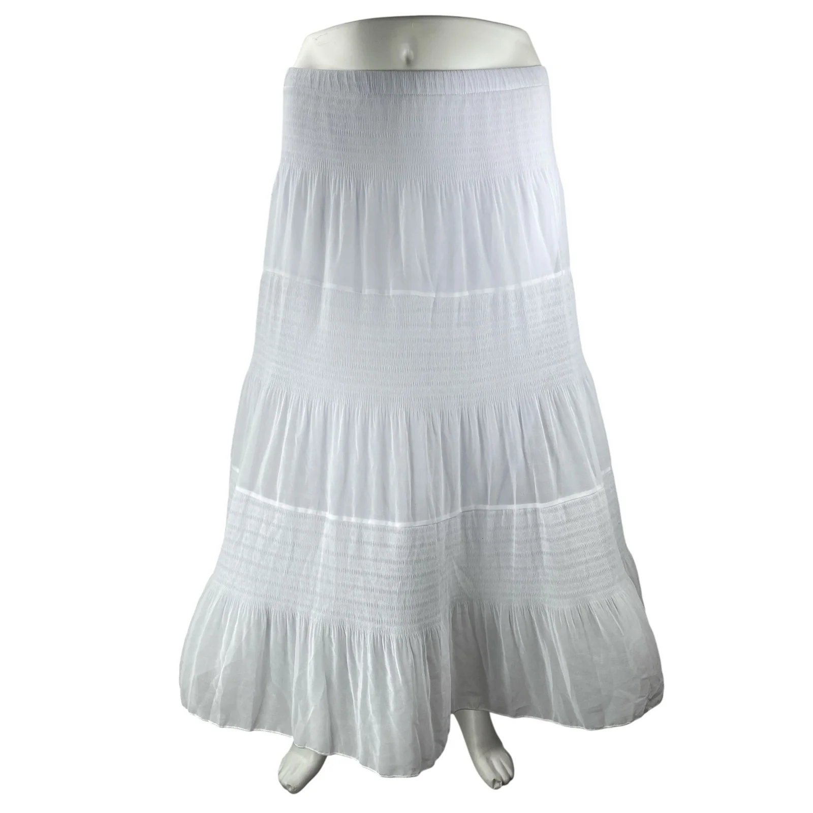 Nashalyly Women's White Elastic Waist Ruffled Tiered Maxi Flare A-Line Skirt XL